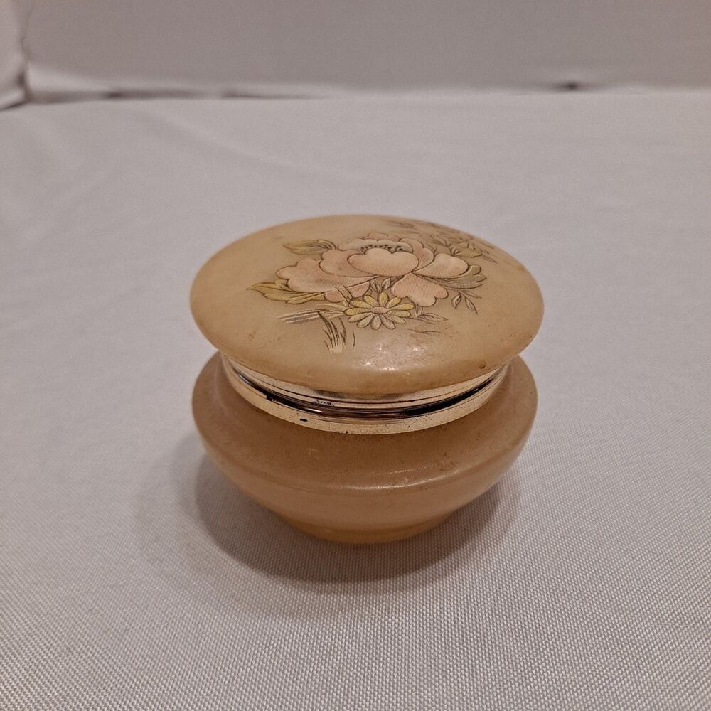 Vintage Genuine Alabaster Trinket Box Floral Hinged Lid